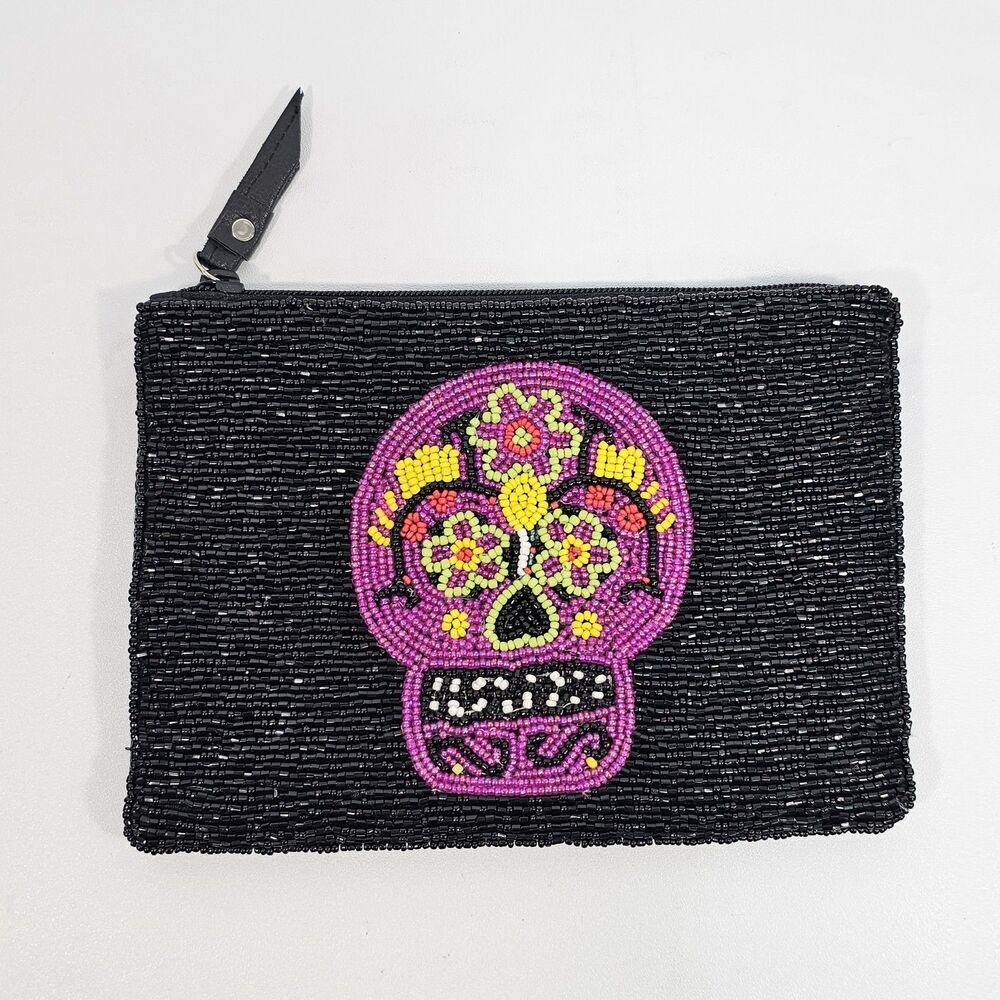 Beaded Sugar Skull Clutch Flat Wristlet Pouch Halloween Black Floral Calavera